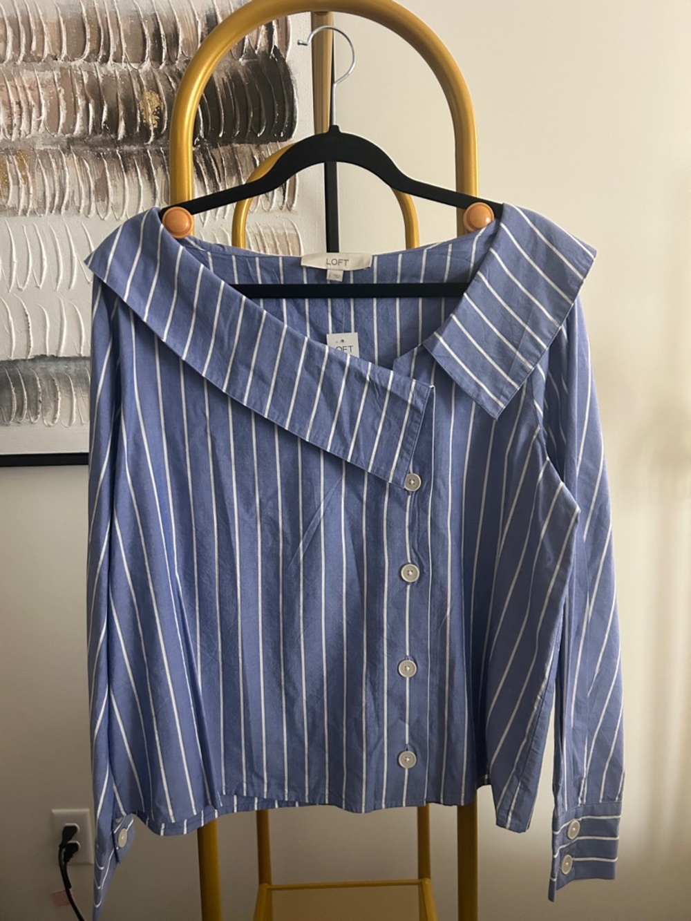 LOFT Blue & White Striped Asymmetrical Button-Front Shirt